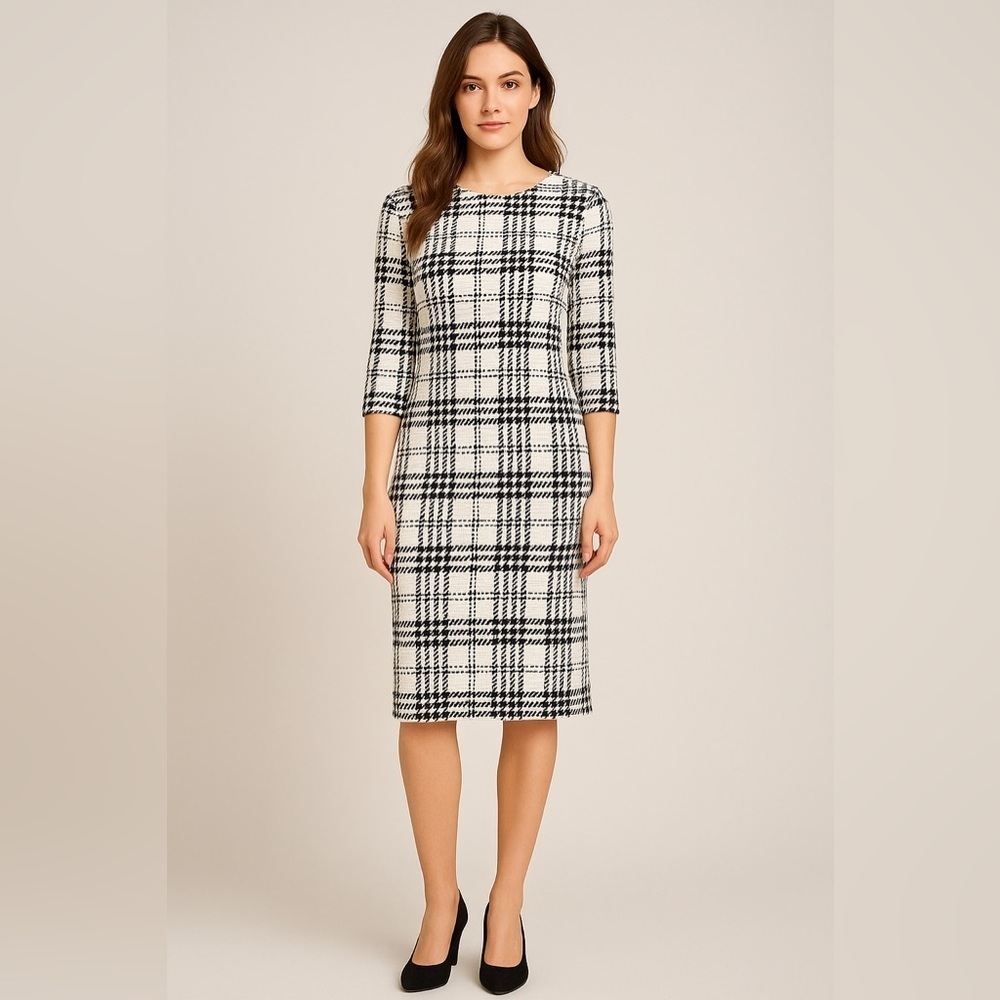 TACERA Black White Plaid Textured Midi Dress L Stretch 3/4 Sleeve Knit NWT - Picture 1 of 10
